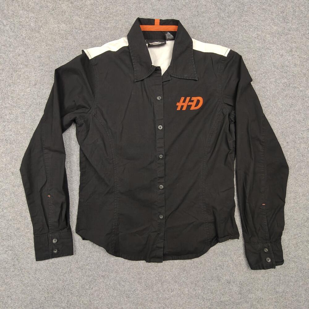 Harley-Davidson Shirt Womens Medium Black Cotton Spandex Long Sleeve Button-Up